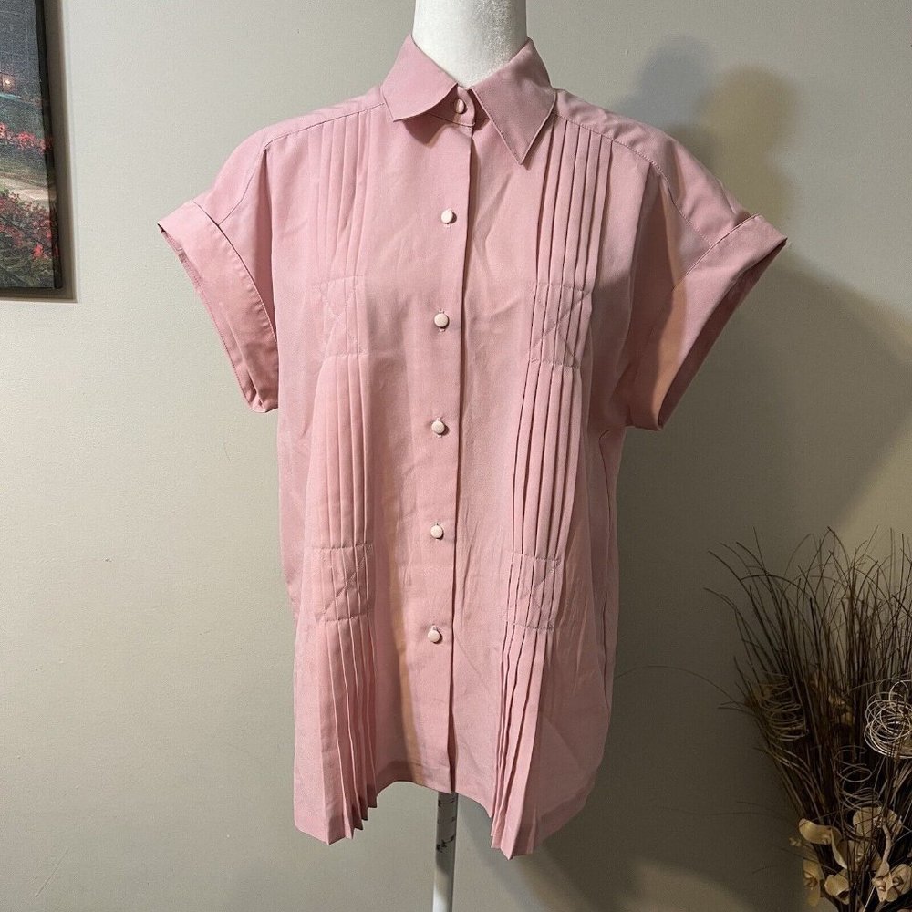 Vintage Lee Mar Pageant Cap Sleeve Button Down Pink Blouse Pleated Front Size 12